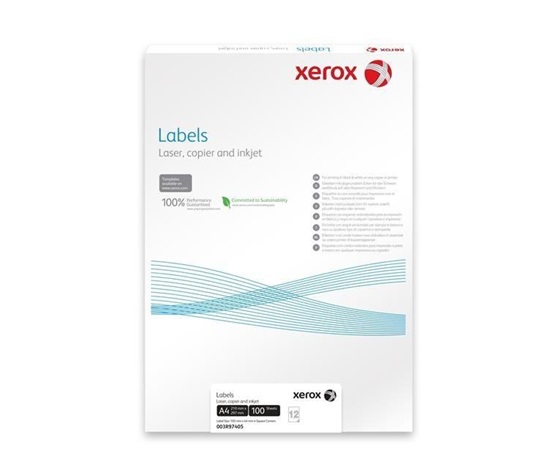 Xerox Papír bílé samolepící štítky, kulaté rohy -  Labels 65UP 38,1x21,2 (g/100 listů, A4) - POŠKOZENÝ OBAL - BAZR