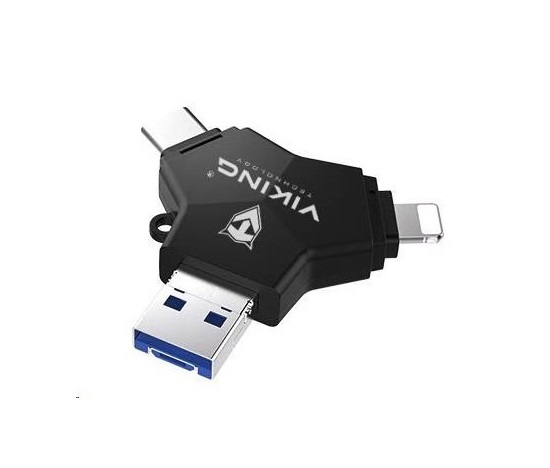 Viking USB Flash disk 3.0 4v1 s koncovkou Lightning/Micro USB/USB/USB-C, 128 GB, černá