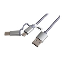 iGET G2V1 USB kabel 2v1, 1m, stříbrný, microUSB i USB-C, prodloužené koncovky