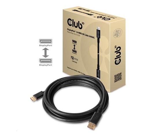 Club3D Kabel certifikovaný DisplayPort 1.4 HBR3, 8K60Hz (M/M), černé koncovky, 4m, 24 AWG