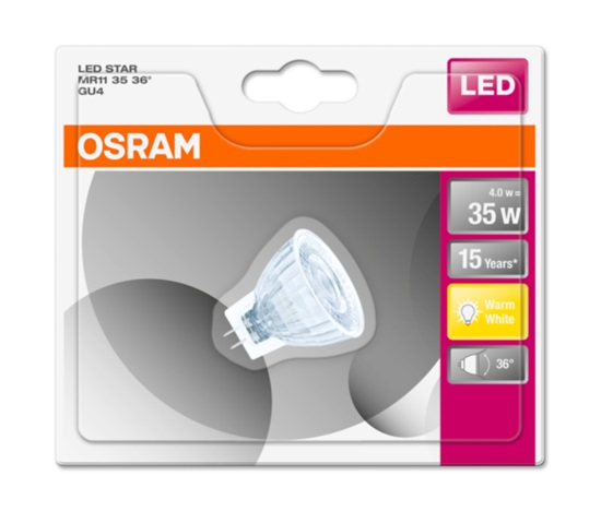 OSRAM LED STAR MR11 36° 12V 4W 827 GU4 noDIM A+ Sklo 345lm 2700K 15000h (blistr 1ks)