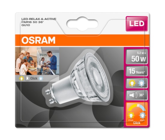 OSRAM LED STAR+ Active&Relax PAR16 36° 5,2W 827 GU10 350lm 2700&4000K (CRI 80) 15000h A+ (Krabička 1ks)