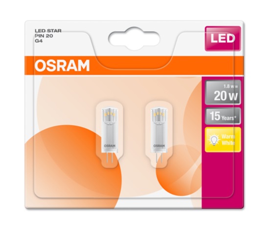 OSRAM LED STAR PIN 12V 1,8W 827 G4 noDIM A++ Plast čirý 200lm 2700K 15000h (blistr 2ks)