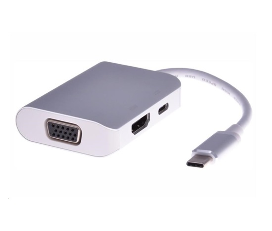PREMIUMCORD Převodník USB3.1 typ C na HDMI + VGA + PD charge, Aluminium pouzdro