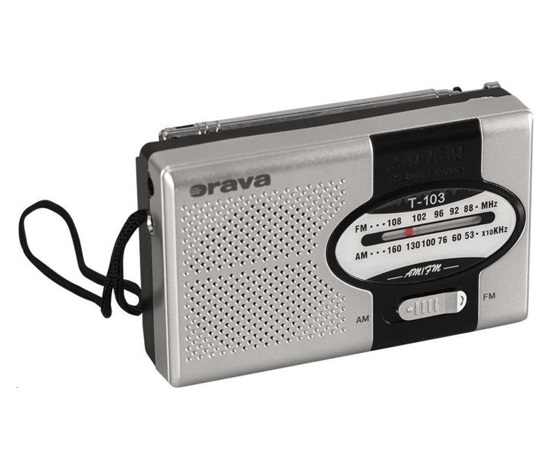 Orava T-103 přenosné kapesní rádio AM/FM, výstup na sluchátka, teleskopická anténa, stříbrná