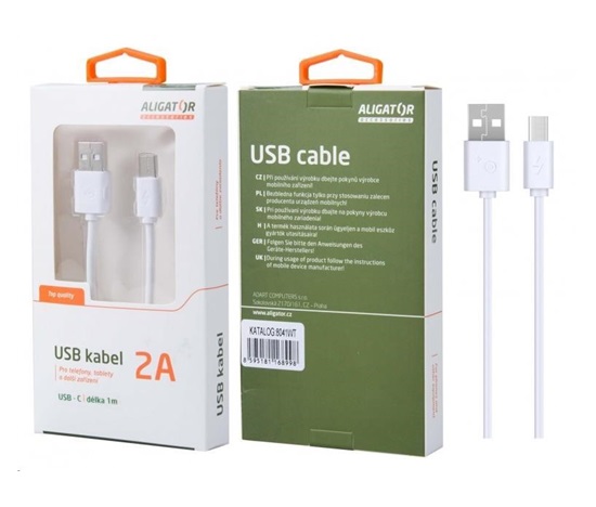 Aligator datový a nabíjecí kabel USB-C s prodlouženým konektorem 9 mm, 2A, délka 1 m, bílá