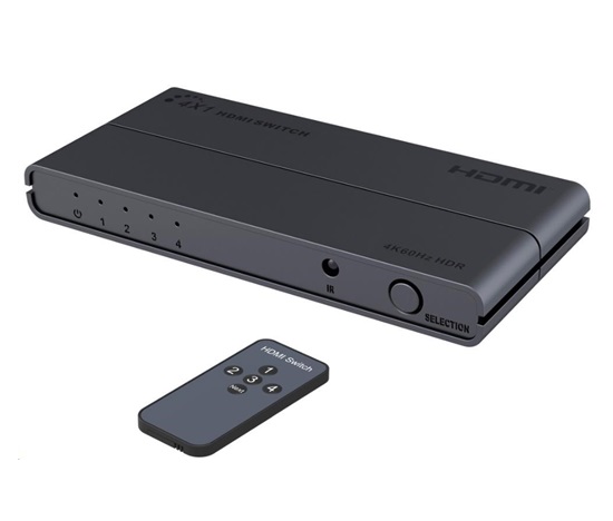 PREMIUMCORD HDMI switch 4:1 s podporou rozlišení 4Kx2K@60Hz, 1080P, HDR, s ovládáním tlačítkem a dálkovým ovladačem