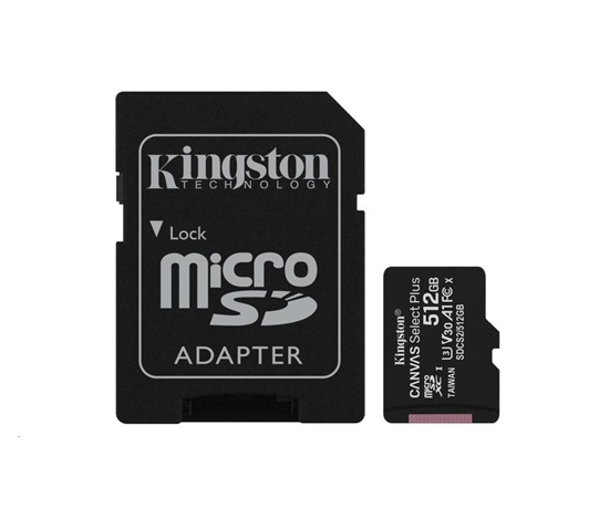 Kingston MicroSDXC karta 512GB Canvas Select Plus 100R A1 C10 Card + SD adaptér