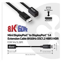 Club3D Prodlužovací kabel Mini DisplayPort 1.4 na DisplayPort 8K 60Hz DSC 1.2 HBR3 HDR Bidirectional (F/M), 1m