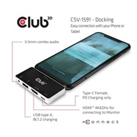 Club3D hub pro mobilní telefony USB Type C 4-in-1 Hub to HDMI™ 4K60Hz USB Type C PD / USB Type A / Audio jack