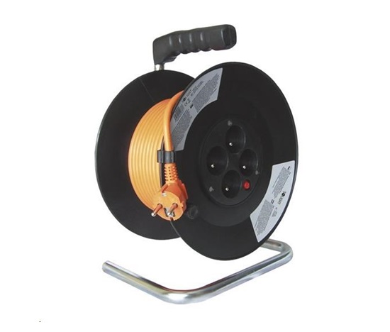 Solight prodlužovací přívod na bubnu, 4 zásuvky, oranžový kabel, černý buben, 20m