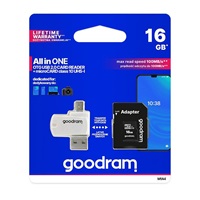 GOODRAM microSDHC karta 16GB M1A4 All-in-one (R:100/W:10 MB/s), UHS-I Class 10, U1 + Adapter + OTG card reader/čtečka