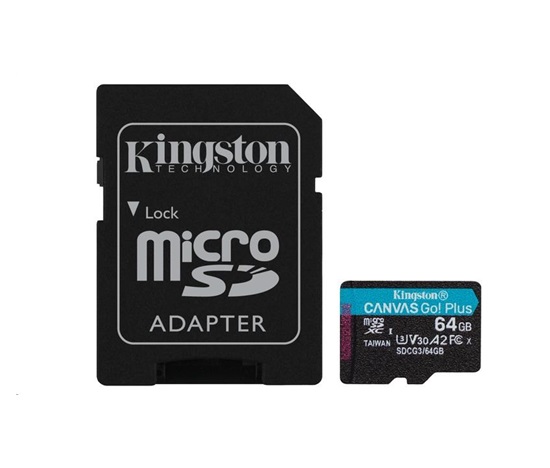 Kingston MicroSDXC karta 64GB Canvas Go! Plus, R:170/W:70MB/s, Class 10, UHS-I, U3, V30, A2 + Adaptér