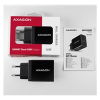 AXAGON ACU-DS16, SMART nabíječka do sítě 16W, 2x USB-A port, 5V/2.2A + 5V/1A