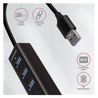 AXAGON HMA-CR3A, USB 3.2 Gen 1 hub, porty 3x USB-A + čtečka karet SD/microSD, kovový, kabel USB-A 20cm