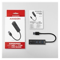 AXAGON HMA-CR3A, USB 3.2 Gen 1 hub, porty 3x USB-A + čtečka karet SD/microSD, kovový, kabel USB-A 20cm