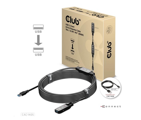 Club3D Kabel USB 3.2 Gen1 Active Repeater Cable M/F 28AWG, 10m