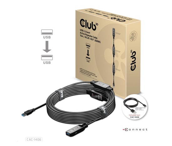 Club3D Kabel USB 3.2 Gen1 Active Repeater Cable M/F 28AWG, 15m
