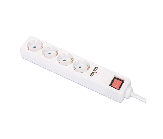 Manhattan prodlužovací přívod, 4 zásuvky, vypínač, 2xUSB, 2m, bílá