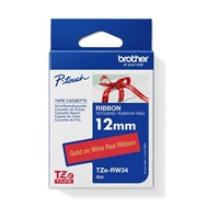 BROTHER TZE-RW34 - kazeta TZ šířky 12mm, TEXTILNÍ páska 4m- pro tvorbu dárků - NELEPÍCÍ -ČERVENÁ PÁSKA ZLATÝ POTISK gold