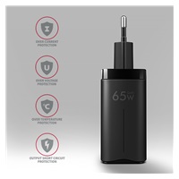 AXAGON ACU-DPQ65, GaN nabíječka do sítě 65W, 3x port (USB-A + dual USB-C), PD3.0/QC4+/PPS/Apple, černá