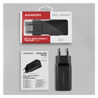 AXAGON ACU-DPQ65, GaN nabíječka do sítě 65W, 3x port (USB-A + dual USB-C), PD3.0/QC4+/PPS/Apple, černá