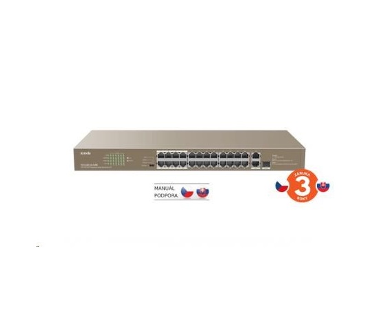 Tenda TEF1126P-24-410W - PoE AT Switch 370Watt, 24xRJ45 10/100 Mbps PoE, 2x Gigabit Uplink RJ45/SFP, Fanless, Kov