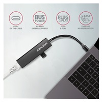 AXAGON HMC-GL3A, USB 3.2 Gen 1 hub, porty 3x USB-A + Gigabit Ethernet, kovový, kabel USB-C 20cm
