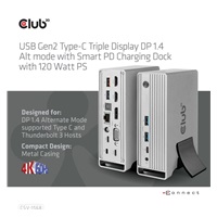 Club3D Dokovací stanice USB-C, Triple Display DP 1.4 Alt mode Displaylink Dynamic PD Charging Dock with 120 Watt PS