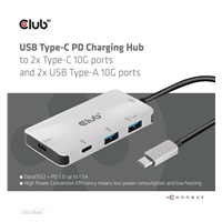 Club3D hub USB-C Gen2 PD na 2x USB-C 10G porty a 2x USB-A 10G porty