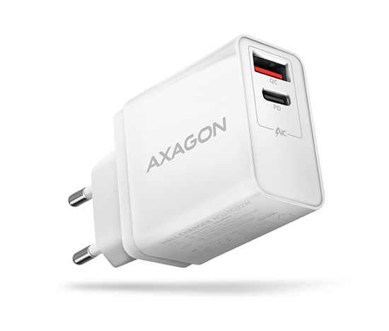 AXAGON ACU-PQ22W, PD & QC nabíječka do sítě 22W, 2x port (USB-A + USB-C), PD3.0/QC3.0/AFC/FCP/Apple, bílá