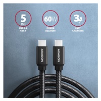 AXAGON BUCM3-CM15AB, SPEED kabel USB-C <-> USB-C, 1.5m, USB 3.2 Gen 1, PD 60W 3A, ALU, oplet, černý