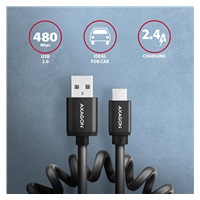 AXAGON BUMM-AM10TB, TWISTER kabel Micro USB <-> USB-A, 0.6m, USB 2.0, 2.4A, ALU, tpe, černý