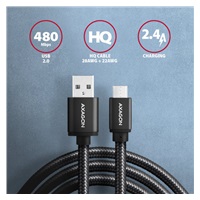 AXAGON BUMM-AM15AB, HQ kabel Micro USB <-> USB-A, 1.5m, USB 2.0, 2.4A, ALU, oplet, černý
