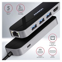 AXAGON HMC-6GL, USB 3.2 Gen 1 hub, porty 3x USB-A, HDMI 4k/30Hz, RJ-45 GLAN, PD 100W, kabel USB-C 20cm