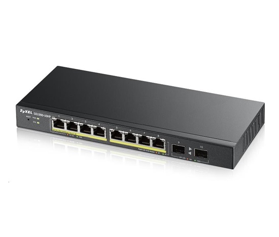 Zyxel GS1900-10HP v2 10-port Desktop Gigabit Web Smart PoE Switch, 8x gigabit PoE RJ45, 2x SFP, 70W PoE budget, fanless