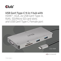 Club3D hub USB-C, 9-in-1 hub s HDMI, VGA, 2x USB Gen1 Type-A, RJ45, 100W PD