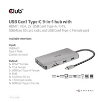 Club3D hub USB-C, 9-in-1 hub s HDMI, VGA, 2x USB Gen1 Type-A, RJ45, 100W PD