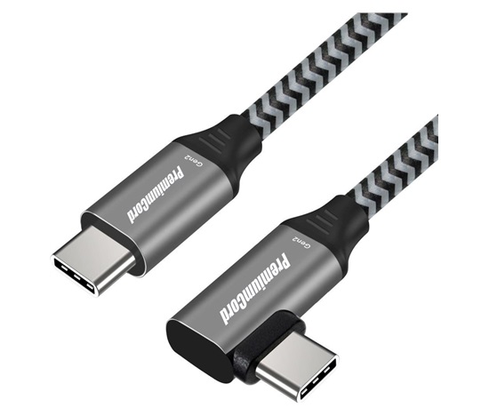PREMIUMCORD Zahnutý kabel USB-C (USB 3.2 Gen 2, 3A, 60W, 20Gbit/s), hliníkové krytky konektorů, 2m