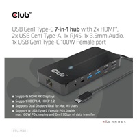 Club3D hub USB-C, 7-in-1 hub s 2x HDMI, 2x USB Gen1 Type-A, 1x RJ45, 1x 3.5mm audio, 1x USB Gen1 Type-C, 100W PD