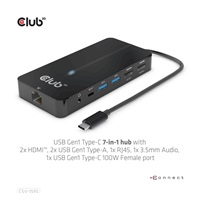 Club3D hub USB-C, 7-in-1 hub s 2x HDMI, 2x USB Gen1 Type-A, 1x RJ45, 1x 3.5mm audio, 1x USB Gen1 Type-C, 100W PD