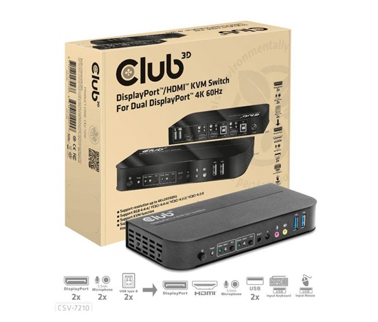 Club3D síťový přepínač - Switch, DP/HDMI KVM Switch - Dual DP 4K 60Hz