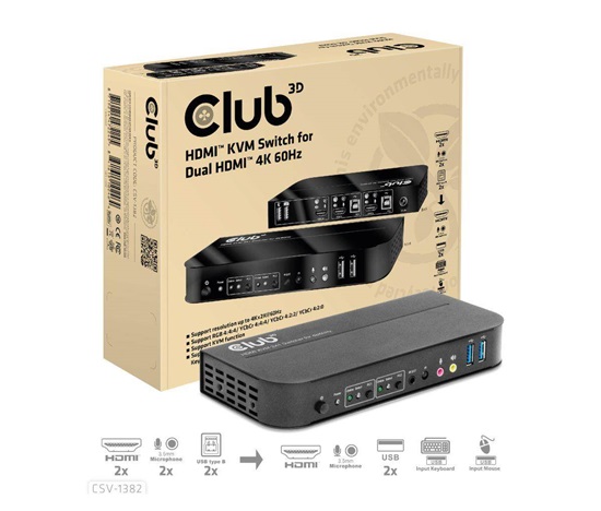 Club3D síťový přepínač - Switch, HDMI KVM Switch - Dual HDMI 4K 60Hz