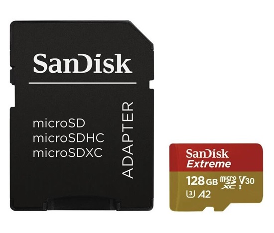 SanDisk micro SDXC karta 128GB Extreme Action Cams and Drones (190 MB/s Class 10, UHS-I U3 V30) + adaptér