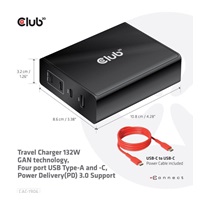 Club3D cestovní nabíječka 132W GAN technologie, 4xUSB-A a USB-C, PD 3.0 Support