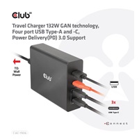 Club3D cestovní nabíječka 132W GAN technologie, 4xUSB-A a USB-C, PD 3.0 Support