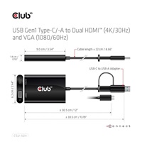 Club3D adaptér USB Gen1 Type-C/-A to Dual HDMI (4K/30Hz) / VGA (1080/60Hz)