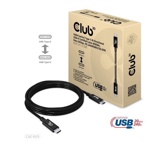 Club3D kabel USB4 Gen2x2 Typ-C, Oboustranný USB-IF Certifikovaný data kabel, Data 20Gbps, PD 240W(48V/5A) EPR M/M 2m
