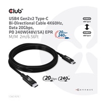 Club3D kabel USB4 Gen2x2 Typ-C, Oboustranný USB-IF Certifikovaný data kabel, Data 20Gbps, PD 240W(48V/5A) EPR M/M 2m