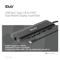 Club3D Dokovací stanice USB-C, 8-in-1 MST Dual (1x HDMI/1x DP) 4K60Hz, Display Travel Dock